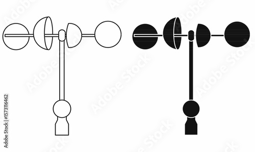Vector illustration of anemometer icon with four cup in outline,silhouette and solid styles. Wind speed measuring tool. Ideal for weather, meteorology, science, and climate related content.