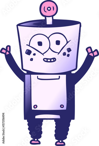 happy cartoon robot waving hello in bright neon color