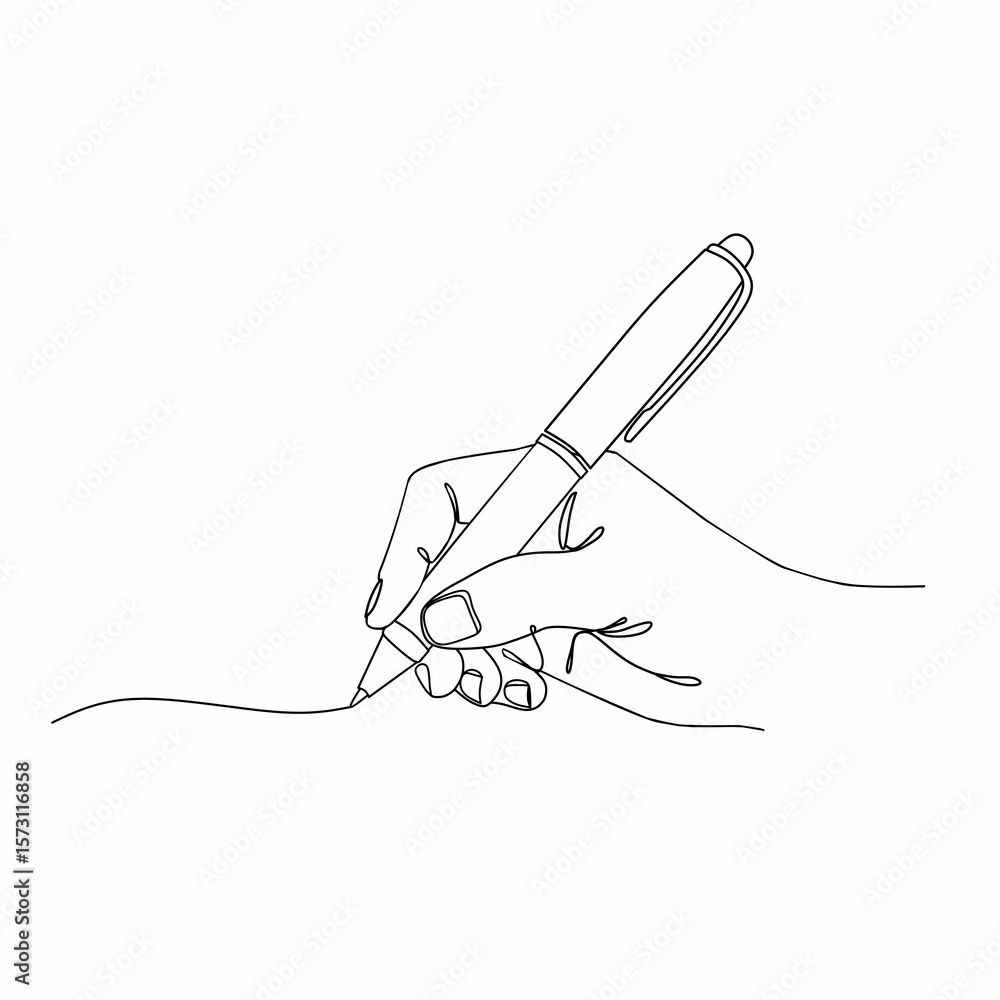 Obraz premium One line drawing of hand writing with pen