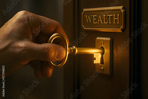Golden key unlocking door to wealth with hand holding vintage key, symbolizing success and financial opportunity in warm light