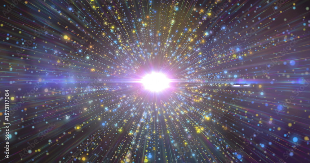 Fototapeta premium Image of bright light burst with colorful particles radiating dynamically