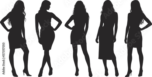 Elegant Female Fashion Silhouettes: Diverse Group of Women Posing Stylishly in Dresses and Skirts, Showcasing Modern Attire, Isolated Vector Set on White Background,