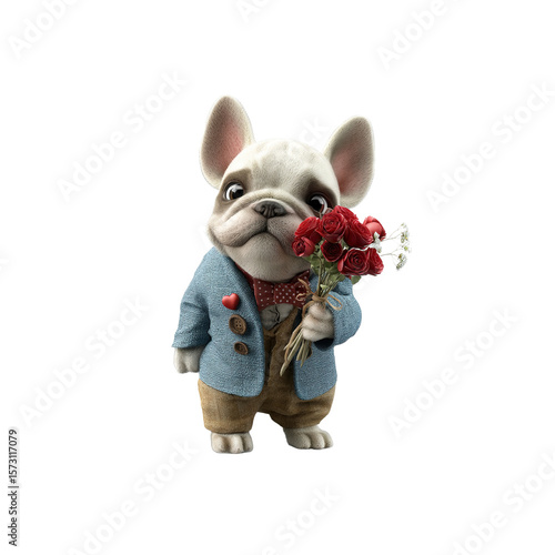 Adorable French Bulldog in Suit Holding Roses for Valentine's Day