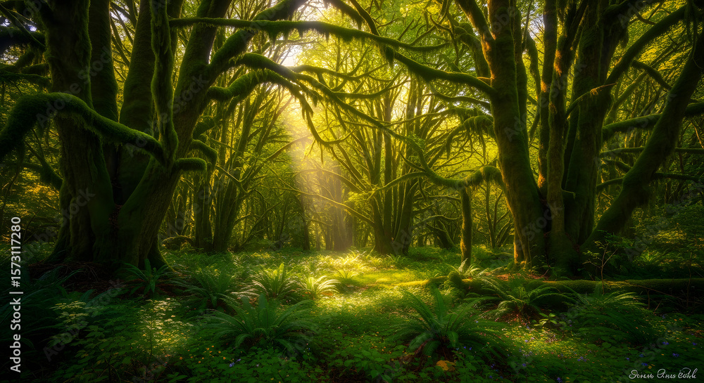 Obraz premium Dense green jungle with sunbeams filtering through trees