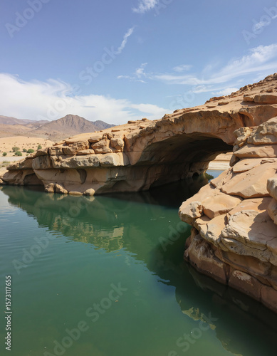 Wallpaper Mural A serene lagoon nestled within a rocky arch, surrounded by desert cliffs and a clear blue sky, creating a tranquil oasis in the arid landscape Torontodigital.ca