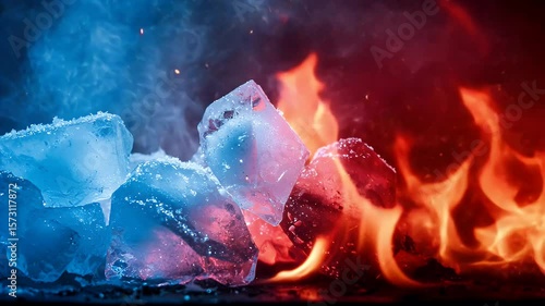 Ice cubes melting amidst vibrant flames and smoke, creating a dramatic contrast in a surreal environment