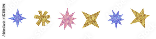 Colorful metallic Glitter sparkle textured irregular stars set. Cut out collage elements collection. Vintage festive vector illustration
