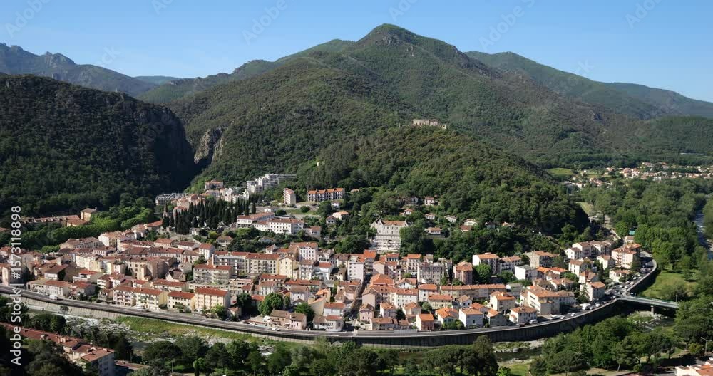 Amelie les Bains, Pyrenees Orientales,Occitania, France. The river Tech crossing the city. Amelie les Bains, Pyrenees Orientales,Occitania, France. The river Tech crossing the city.