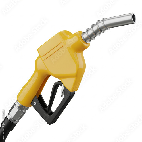 Yellow fuel nozzle for gas station isolated on white background, fuel energy concept, 3D rendering