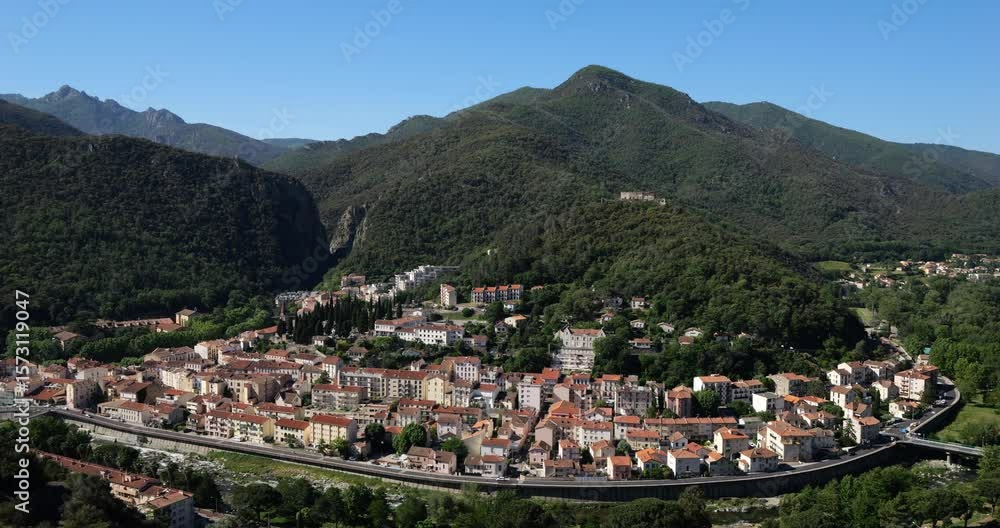 Amelie les Bains, Pyrenees Orientales,Occitania, France. The river Tech crossing the city. Amelie les Bains, Pyrenees Orientales,Occitania, France. The river Tech crossing the city.