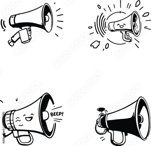 Expressive Megaphone Icons  A Vector Set Featuring Loud, Smiling, Beeping, and Classic Silhouettes Showcasing Sound and Personality
