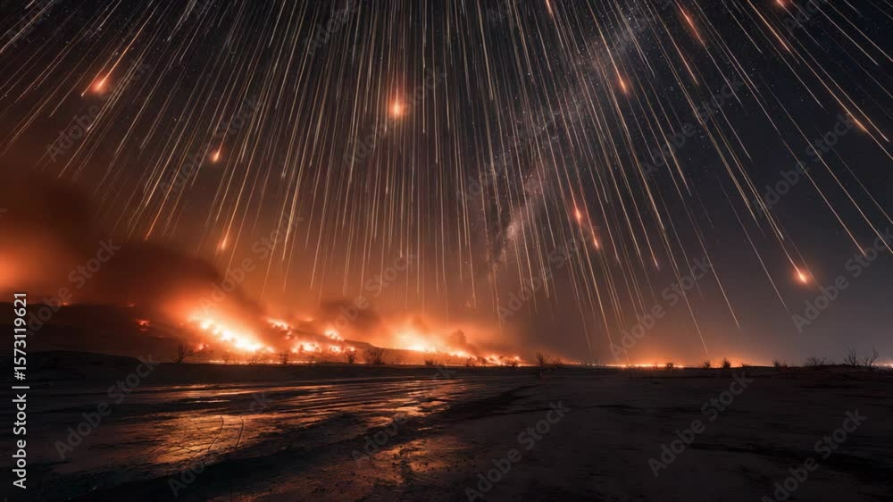 meteor shower fall into earth's atmosphere make fire trail in sky and crash on earth 