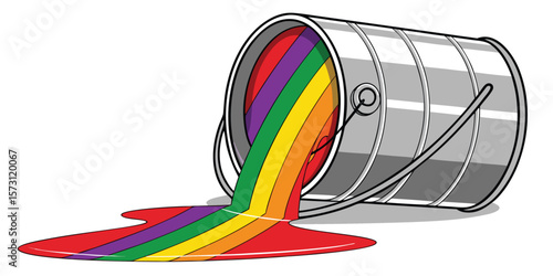Realistic illustration of a paint bucket overflowing with vibrant rainbow-colored paint, drips running down the sides and pooling on the floor, shiny metallic container, clean white background, colorf