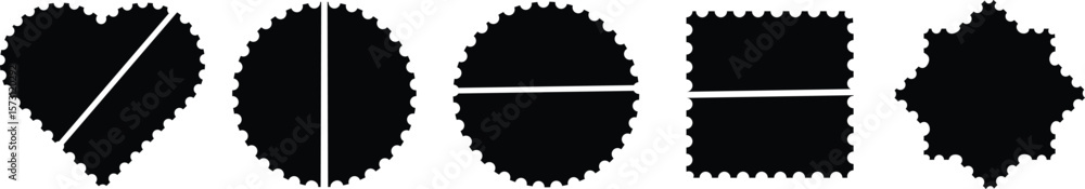 Fototapeta premium Black silhouette Postage stamp with zigzag edges set. Geometric different stickers with zigzag wavy edges. Label Stamp Box, love, circle and polygonal element for design 