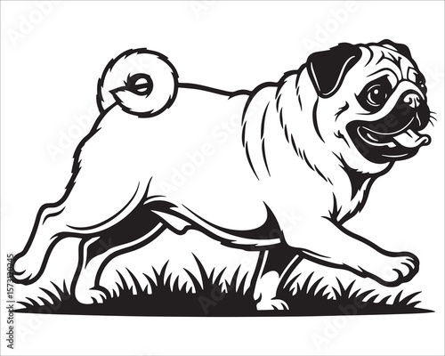 Pug Dog Running in Grass Black and White Illustration