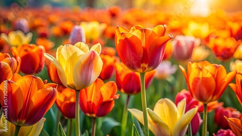 Photo of a field of vibrant orange, yellow, and red tulips basks in the warm glow of the setting sun, creating a breathtaking springtime scene