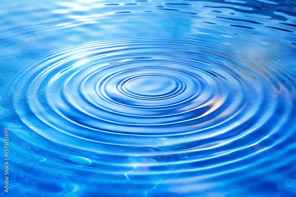 Abstract close up of concentric ripples on the surface of clear blue water with bright light reflections Abstract close up of concentric ripples on the surface of clear blue water with bright light reflections