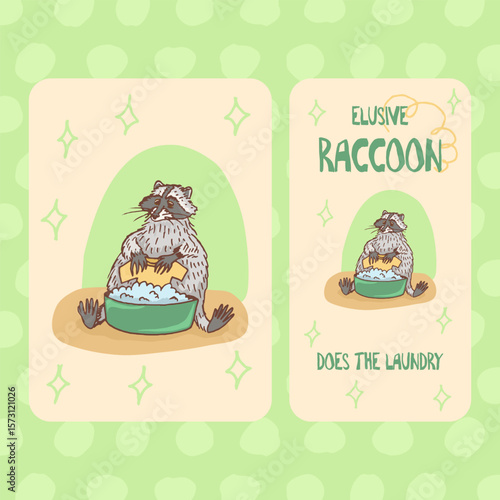 raccoon do the laundry cartoon character household chores sketchy and quirky animal illustration