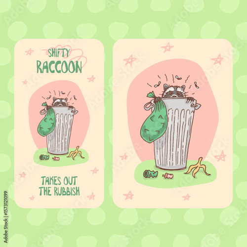 raccoon take out the trash rubbish garbage cartoon character household chores sketchy and quirky animal illustration