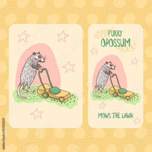 opossum mow the lawn cartoon character household chores sketchy and quirky animal illustration