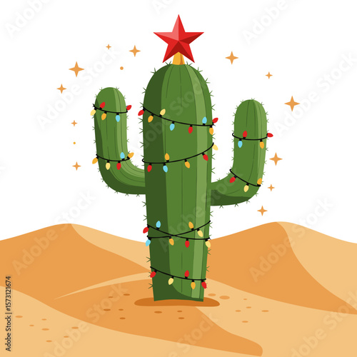 Cactus decorated with Christmas lights and star in sandy desert is suitable for card design, gift wrapping, holiday catalogs, menus, seasonal covers and window dressing.