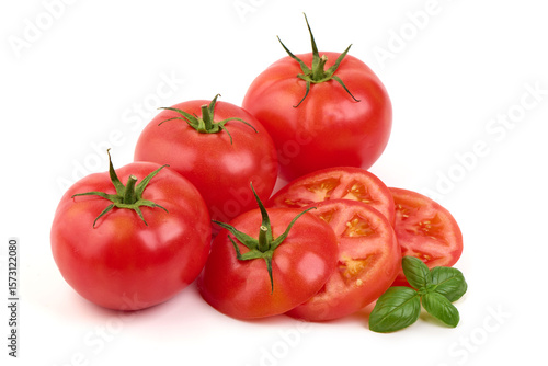 Fresh Red Tomatoes and Slices, isolated on white background