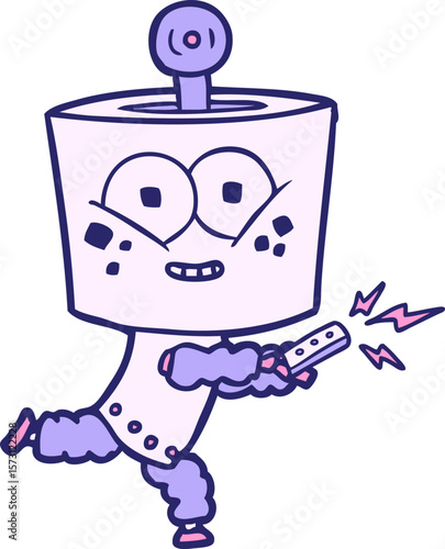 happy cartoon robot with remote control in bright neon color