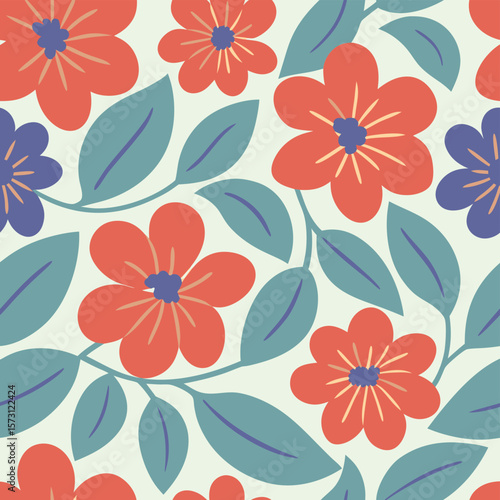 Retro floral pattern with stylized flowers and leaves.