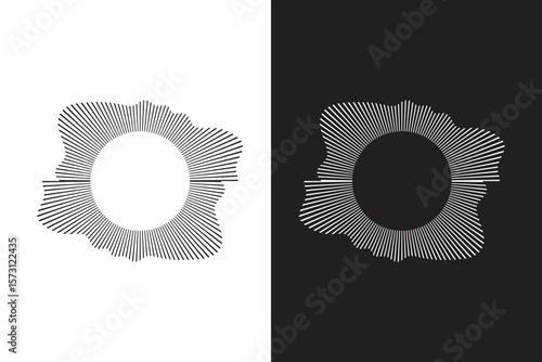Round border made with thin lines. Abstract frame with wavy inner corners. circular lines pattern, radial curvy shapes, geometric concentric design. Vector illustration