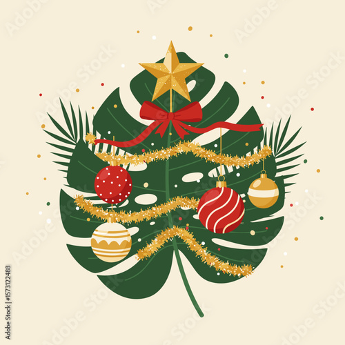   Christmas or New Year decorations on tropical leaves with ornament and star, suitable for decorating cards, gift wrapping, holiday catalogs, menus, seasonal covers and window dressing