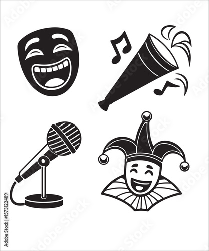 vector illustration of a set of funny cartoon characters. Black silhouette icon set for International Joke Day.