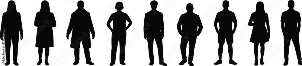 Diverse Collection of People Silhouettes, Including Men and Women in Various Casual and Semi-Formal Attires, Ideal for Representing General Human Figures on White Background. Diverse Collection of People Silhouettes, Including Men and Women in Various Casual and Semi-Formal Attires, Ideal for Representing General Human Figures on White Background.