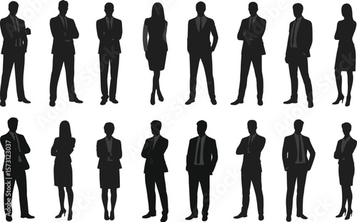 Collection of Business People Silhouettes, Including Men and Women in Professional Attire with Arms Crossed or Standing Confidently, Ideal for Corporate and Executive Designs on White Background.