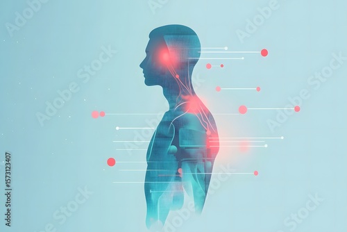 Abstract illustration of a human silhouette with digital elements, showcasing neural connections and glowing points, representing technology and human anatomy in a futuristic context
