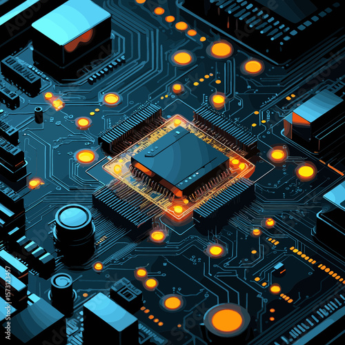 Close-Up View of a Glowing Circuit Board with a Central Processor