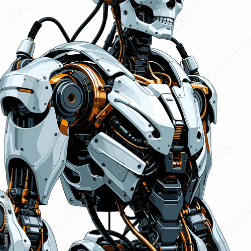 Detailed Close Up of a White and Gold Robot Torso