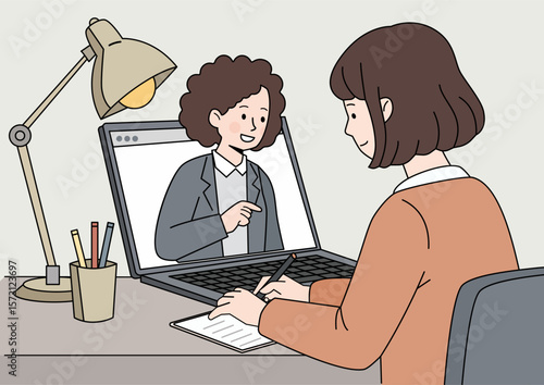 Online lesson: schoolgirl studies lessons in front of the screen with a teacher