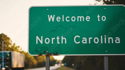 Scenic journey approaching north carolina highway entrance with clear road signs and surrounding