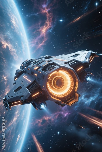 Futuristic Spaceship Soaring Through Nebula, Earth in Background, Sci-Fi Art