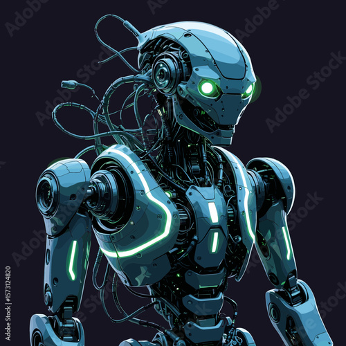 Pixel Art Robot Portrait Teal Green Glowing Lights Dark Background
