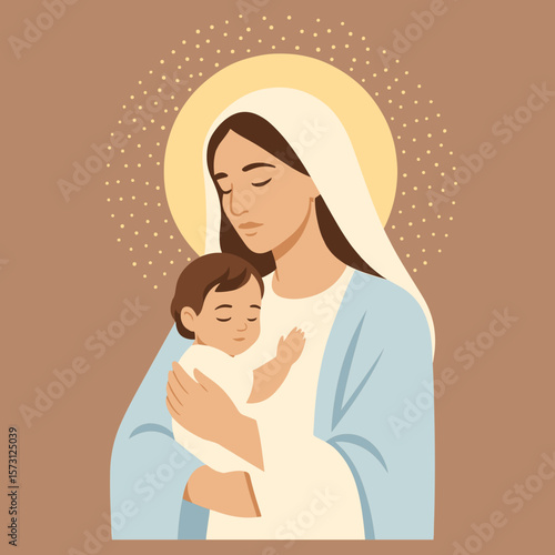 3D Shadow Box, 9 layers – Virgin Mary and baby Jesus in peaceful layered paper art style with halo