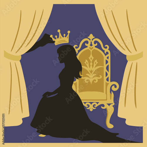 3D Shadow Box, 5 layers – Silhouette princess coronation scene with throne and crown, layered paper cut art