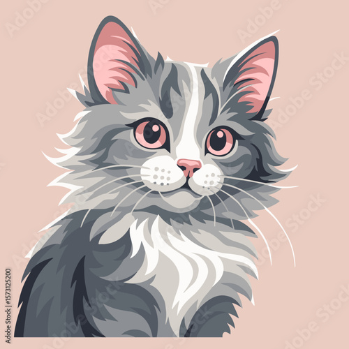 3D Shadow Box, 10 layers – Fluffy gray kitten with big eyes, layered paper art cat portrait in vector style