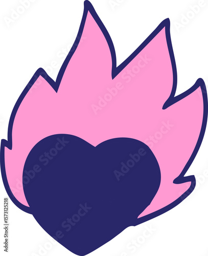 cartoon doodle flaming heart in bright neon color