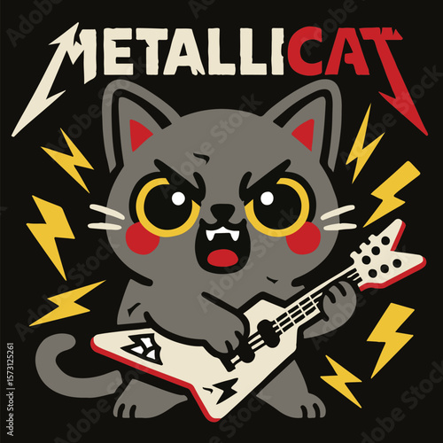 3D Shadow Box, 7 layers – Cute angry cat with electric guitar and lightning bolts, rock music vector art