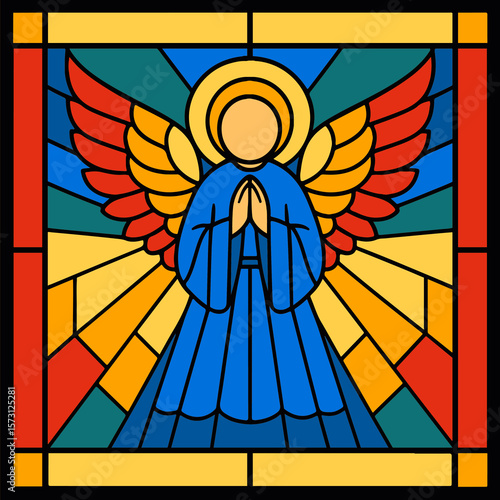 3D Shadow Box, 8 layers – Stained glass angel with halo and wings, colorful church window vector design