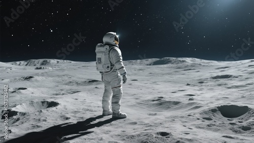 Lone Astronaut Gazing at Stars on Lunar Surface, Exploration and Discovery