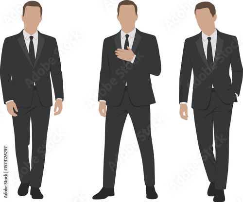 Elegant Gentlemen in Formal Black Suits and Ties, Depicting Professionalism, Sophistication, and Formal Events, Ideal for Business, Wedding, and Gala-themed Designs, Isolated on White Background.