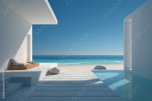 Construction of apartments with sea view, luxury properties, modern building overlooking turquoise ocean, concept of construction of apartments with sea view, serene seaside atmosphere.