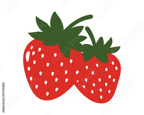 Two stylized strawberries with green leaves. This image features two simple, stylized strawberries against a white background.